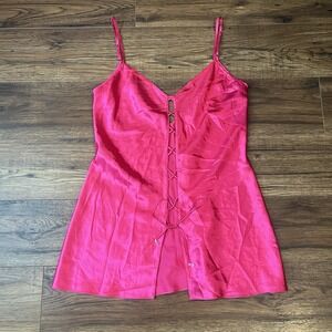 Vintage La Senza Satin Nightgown Mini Slip Chemise Hot Pink Lace Up Bow Coquette
